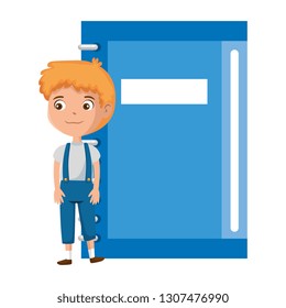 little boy student with notebook character