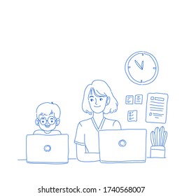 Little boy study from home with his mom character design of vector. Doodle illustration style.
