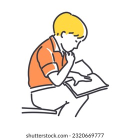 Little boy study learning reading book looking for inspiration. Cartoon kid looking down. Simple style outline flat vector illustrations on white background. Perfect for cute web, school marketing.