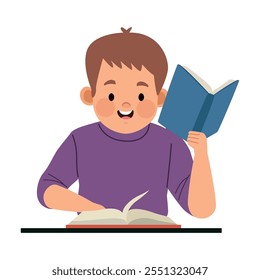 little boy studying with books isolated