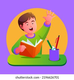 little boy studying in class and raising hand asking teacher