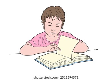 Little boy studying with reading book. Vector flat color.