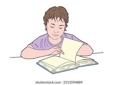 Niño pequeño estudiando con libro de lectura. Vector de color plano.