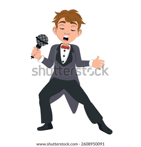 Little boy in stylish clothes and with microphone, singer, presenter. vector illustration.