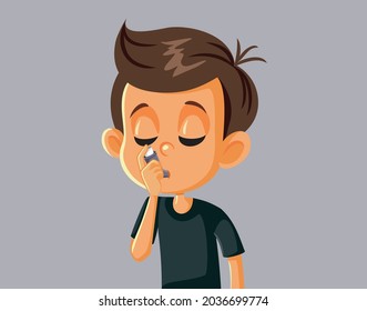 Little Boy Suffering from Asthma Using an Inhaler Vector Illustration. Asthmatic child with allergies suffering an attack using an inhaling spray
