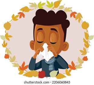 
Little Boy Suffering From Autumn Seasonal Allergies Vector Cartoon. Sick Little Child Blowing His Nose In Fall Season
