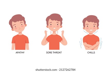 Little Boy Suffering from Chills and Sore Throat Vector Set