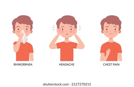 Little Boy Suffering from Headache and Chest Pain Vector Set