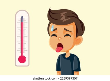 
Little Boy Suffering in Hot Weather Vector Cartoon Illustration. Unhappy child feeling felling dehydrated and exhausted in drought season
