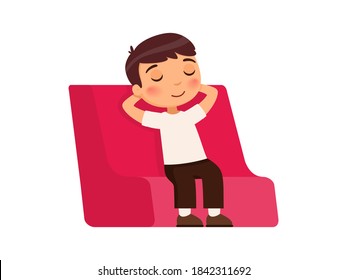 The little boy in suit closed his eyes and sits on a red chair with his hands behind his head. Rest and relaxation concept. Cartoon character. Flat vector illustration.