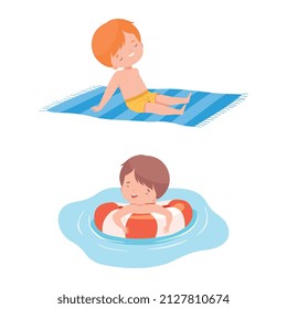 Little Boy Sunbathing on Towel and Floating with Rubber Ring Vector Set