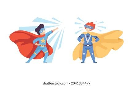 Little Boy in Superhero Cloak and Mask Having Superpower Flying Vector Set