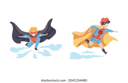 Little Boy in Superhero Cloak and Mask Having Superpower Flying Vector Set