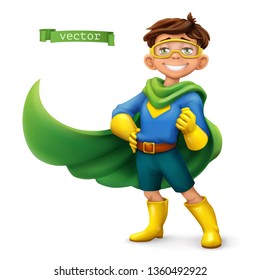 Little boy in superhero costume with green coats. Comic character, vector illustration