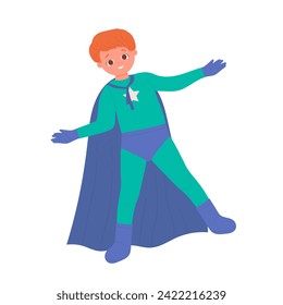 Little boy is superhero costume. Kids colorful carnival clothes with cape cartoon vector illustration
