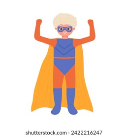 Little boy in superman costume. Kids superheroes party, colorful cape and mask cartoon vector illustration