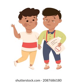 Little Boy Supporting and Comforting Crying Friend Getting Bad Mark Vector Illustration