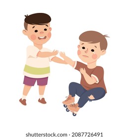 Little Boy Supporting and Comforting Crying Friend Fallen on Roller Skates Vector Illustration