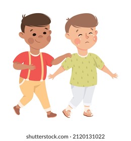Little Boy Supporting and Comforting Crying Friend Vector Illustration