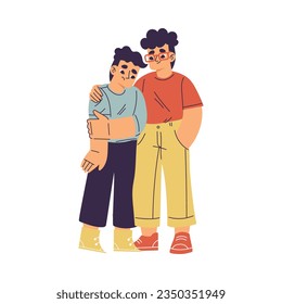 Little Boy Supporting and Comforting Sad Friend Vector Illustration