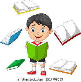 Little boy surrounded by flying books