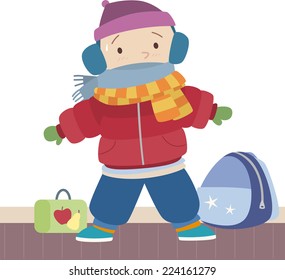 Niño sudando bajo su ropa de invierno. Con dibujos animados de Ilustración vectorial de ropa de invierno. Listo para la escuela. 