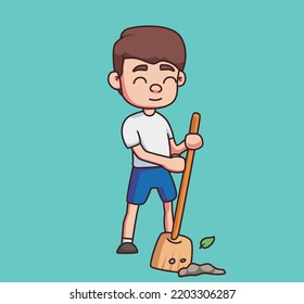 Little Boy Sweeping Cartoon Illustration