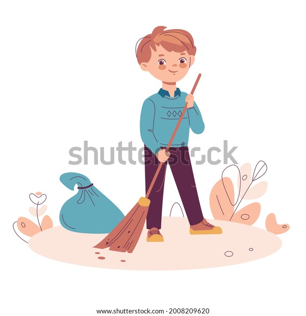 Little boy sweeping the\
trash. Vector illustration in flat cartoon style. Isolated on a\
white background.