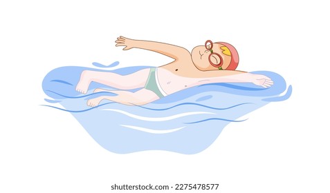 Little boy swimming. Baby goes in for sports. Active and healthy lifestyle. Cute kid swim under water on summer holiday at sea, ocean or swimming pool. Cartoon flat vector illustration