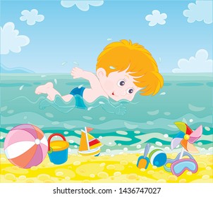 Little boy swimming in blue water on a sea beach on a sunny summer day, vector illustration in a cartoon style