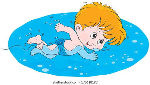 Little boy swimming in blue water