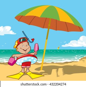Little boy with swimming circle, flippers and mask on the beach. Vector illustration