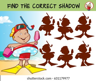 Little boy with swimming circle, flippers and mask on the beach. Find the correct shadow. Educational game for children. Cartoon vector illustration