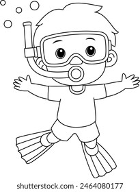 Little boy swimming, diving in the sea coloring page for kids, summer colouring page 