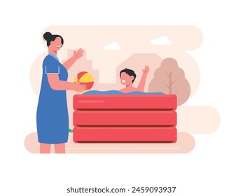 Little boy is swimming in the inflatable kids pool happily in front of the house with his mother. Character design. Vector flat illustration