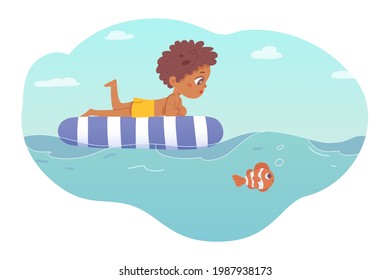 Niño nadando en el mar inflable. Niño en agua divertida y relajante en la ilustración vectorial de verano. Niño feliz mirando peces y olas en el océano sobre fondo blanco.