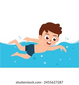 Little boy swimming in the pool. Cute kids doing outdoor activity. Sport and recreation for exercise in children concept. Flat style.