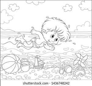 Little boy swimming in sea water on a beach on a sunny summer day, black and white outline vector illustration in a cartoon style for a coloring book