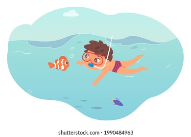 Niño nadando bajo el agua en el mar. Niño en agua azul divirtiéndose en la ilustración vectorial de vacaciones de verano. Niño feliz con gafas y buceo con tubo y mirando peces.