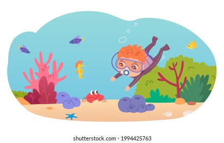 Little Boy Swimming Underwater In Sea. Child In Water Having Fun In Summer Vector Illustration. Happy Kid In Goggles Diving And Looking At Fish And Sea Life, Corals, Animals.