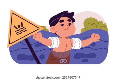 Little boy swims in deep water alone. Kid in floaties armbands has fun in sea, lake. Child danger, hazar in pool, ocean. Baby at risk of drown. Flat isolated vector illustration on white background