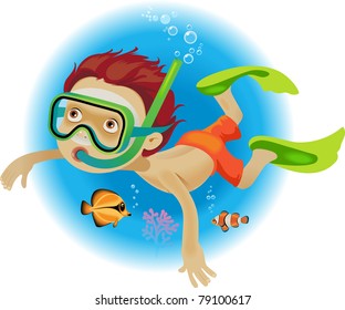 A little boy swims in a mask and flippers under the water with fish