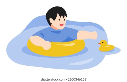 little boy swims using a yellow donut float, little boy wants to grab a rubber duck. the concept of swimming, sports, playing, small children, water, etc. flat vector illustration