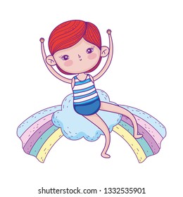 little boy with swimwear in rainbow