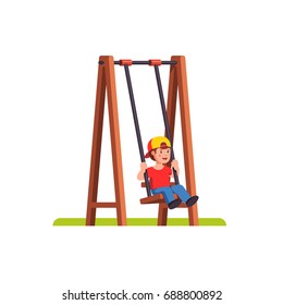 Little boy swinging on a swing with wooden supports. School or kindergarden kid playing outside on public playground. Flat style cartoon vector illustration isolated on white background.