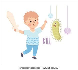 Little Boy mit Schwert töten Mikrobe und Virus als Nachweis Vokabular und Verb Studium der Vektorgrafik