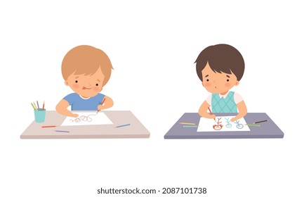 Little Boy at Table Drawing on Paper with Colored Pencil Vector Set