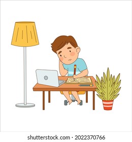 Little Boy at Table In Front of Laptop Training and Doing Homework as Home Study and Distance Learning Vector Illustration