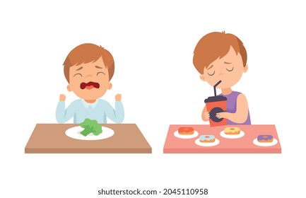 Niño pequeño en la mesa mostrando disgusto y disgusto hacia el brócoli y disfrutando del conjunto de vectores de refresco y comida rápida