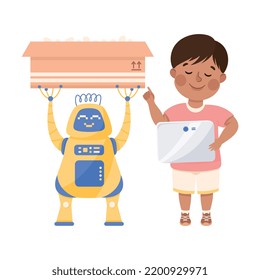 Little Boy with Tablet Programming Robot Carrying Cardboard Box Using Smart Technology and Artificial Intelligence Vector Illustration